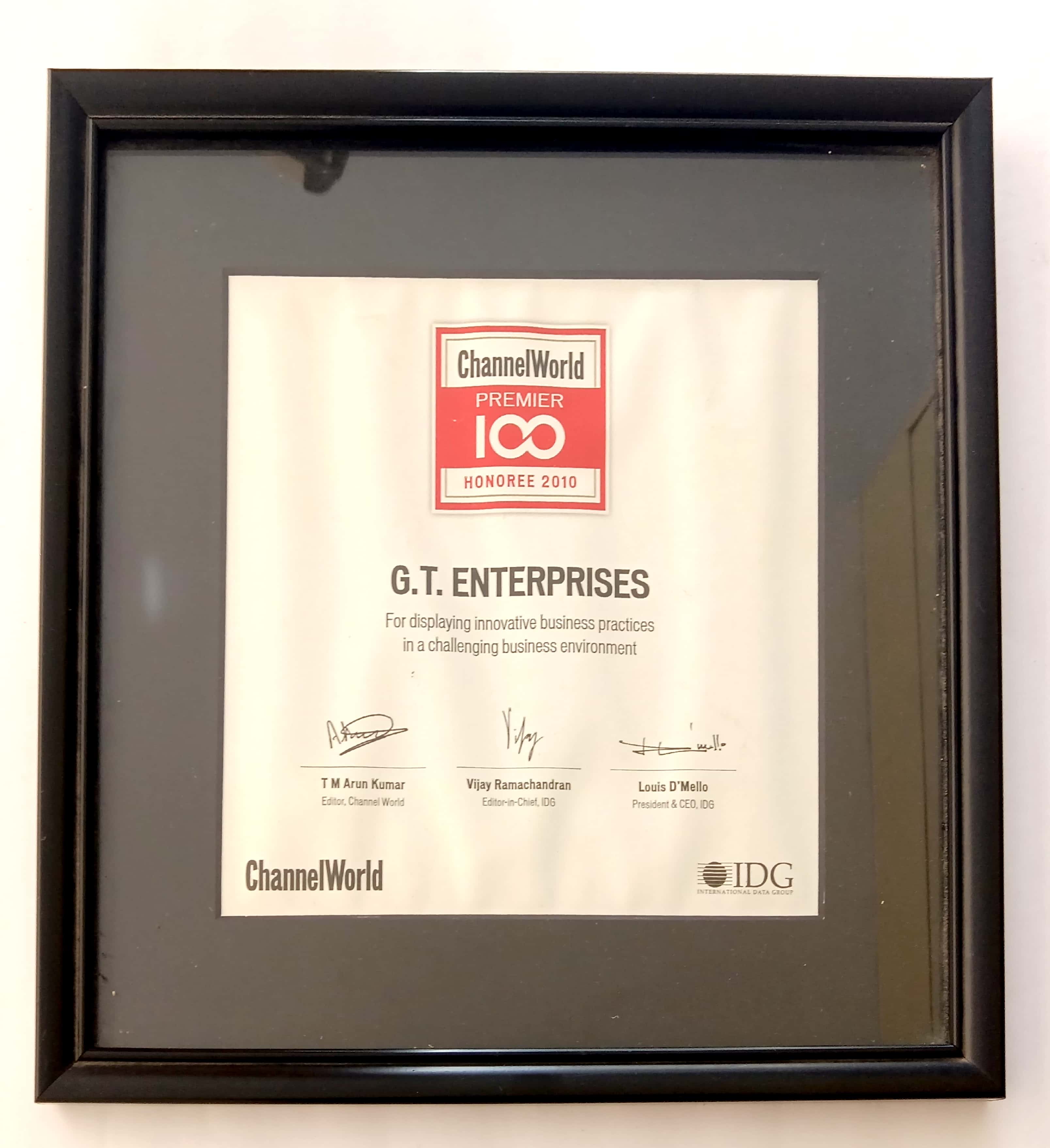 Channel World Premier 100 Company Award in 2010