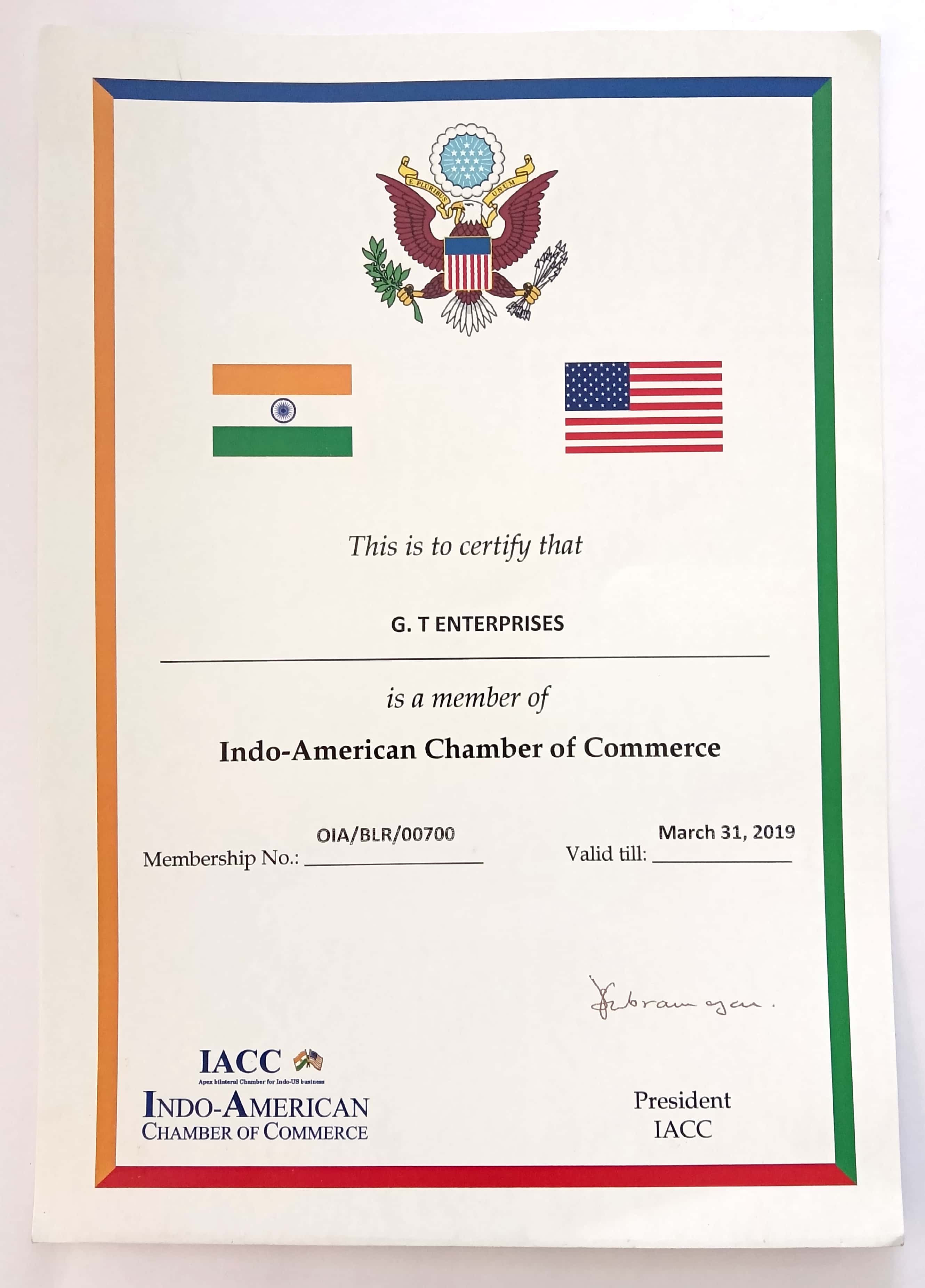 Long standing member of Indo American Chamber of Commerce, Bangalore registered under MSMED Act of 2019